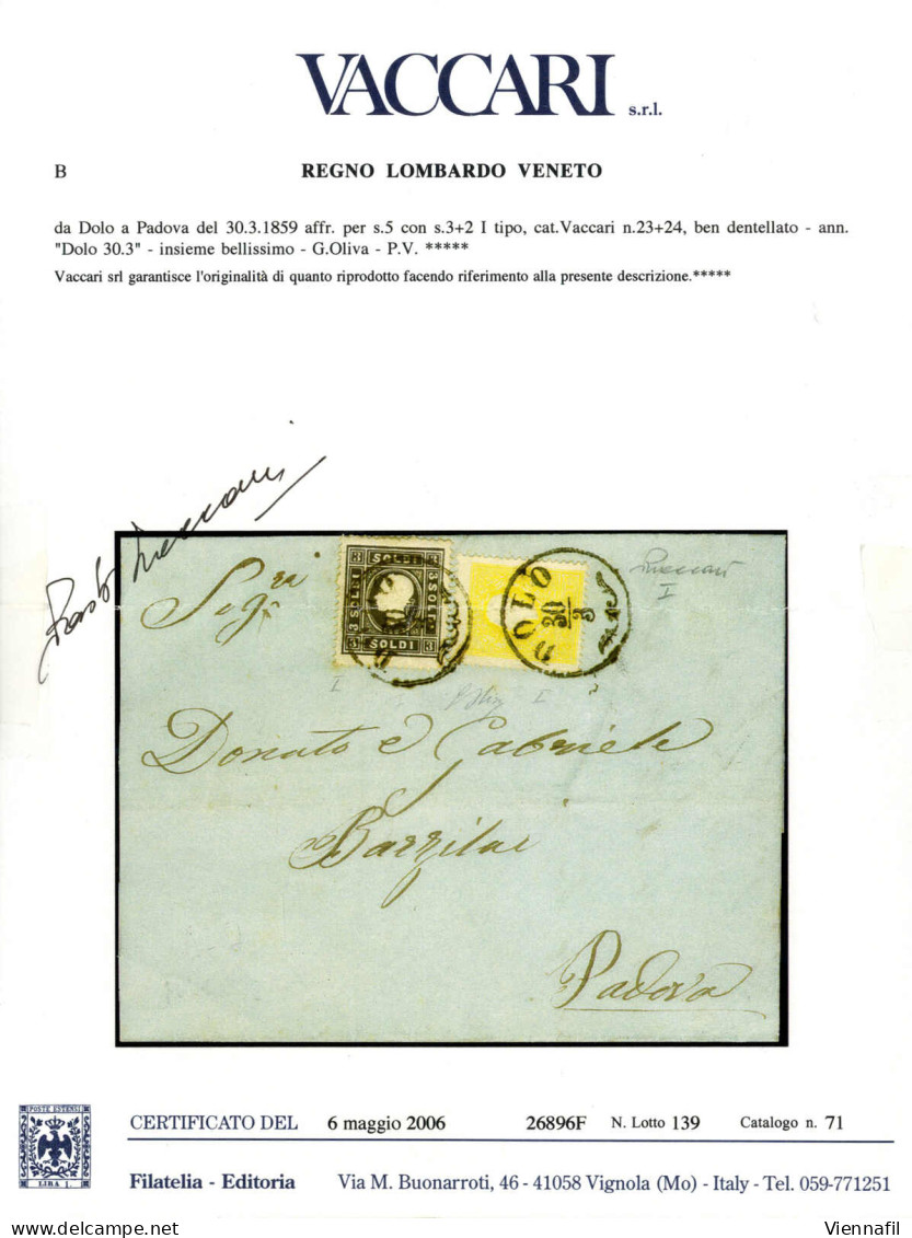 Cover 1859, 2 E 3 Soldi I° Tipo Su Lettera Spedita Da "DOLO 30/3" (annullo CO) A Padova, Certificati Sottoriva E Vaccari - Lombardo-Veneto