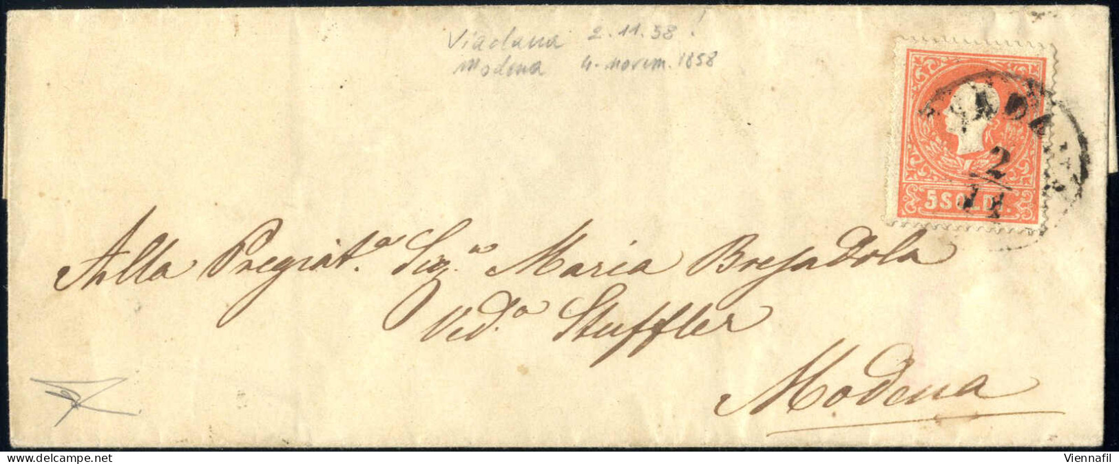 Cover 1858, Lettera Da Viadana Del 2.11 Secondo Giorno D'uso Per Modena Affrancata Con 5 S. Rosso I Tipo, Cert. Bottacch - Lombardo-Veneto