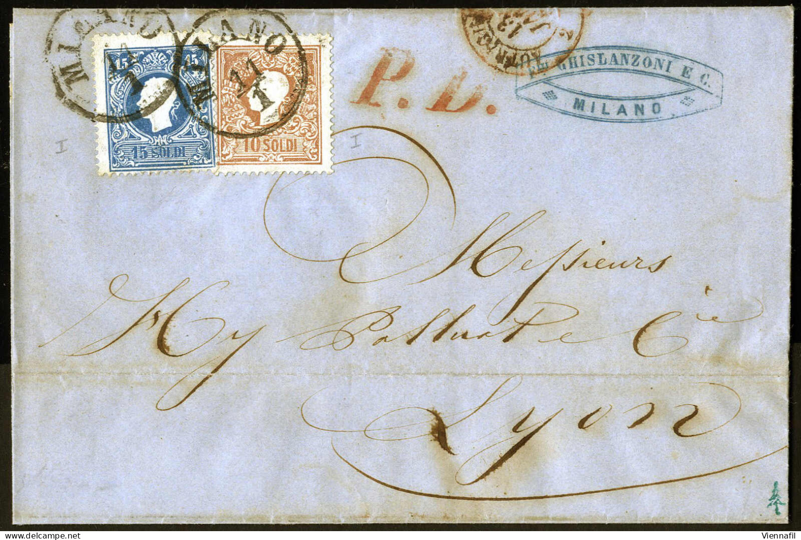 Cover 1859, Lettera Da Milano Il 11.1 Per Lione (Francia) Affrancata Con 10 + 15 S I Tipo, Ex Provera, Sass. 26,27 / 200 - Lombardo-Vénétie