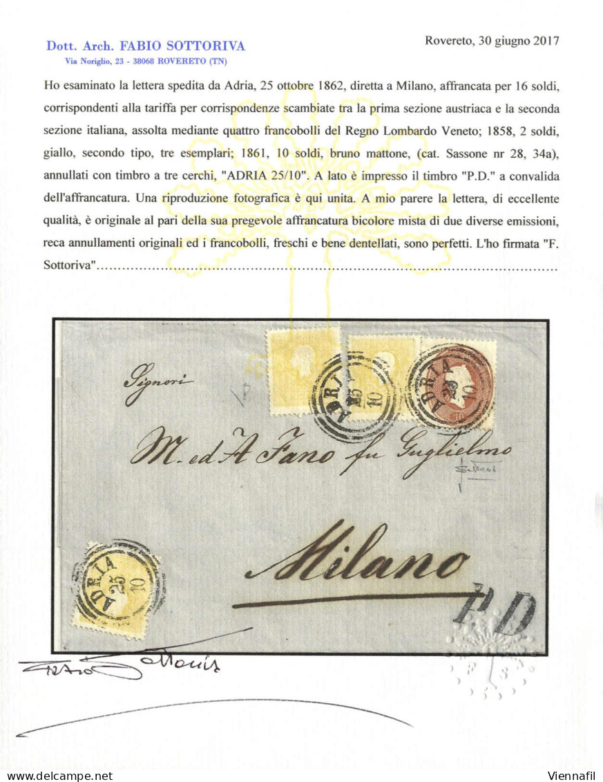 Cover 1862, Lettera Con Affrancatura Mista Di Tre 2 Soldi II° Tipo E 10 Soldi Spedita Da "ADRIA 25/10" (annullo C3), Sas - Lombardo-Venetien