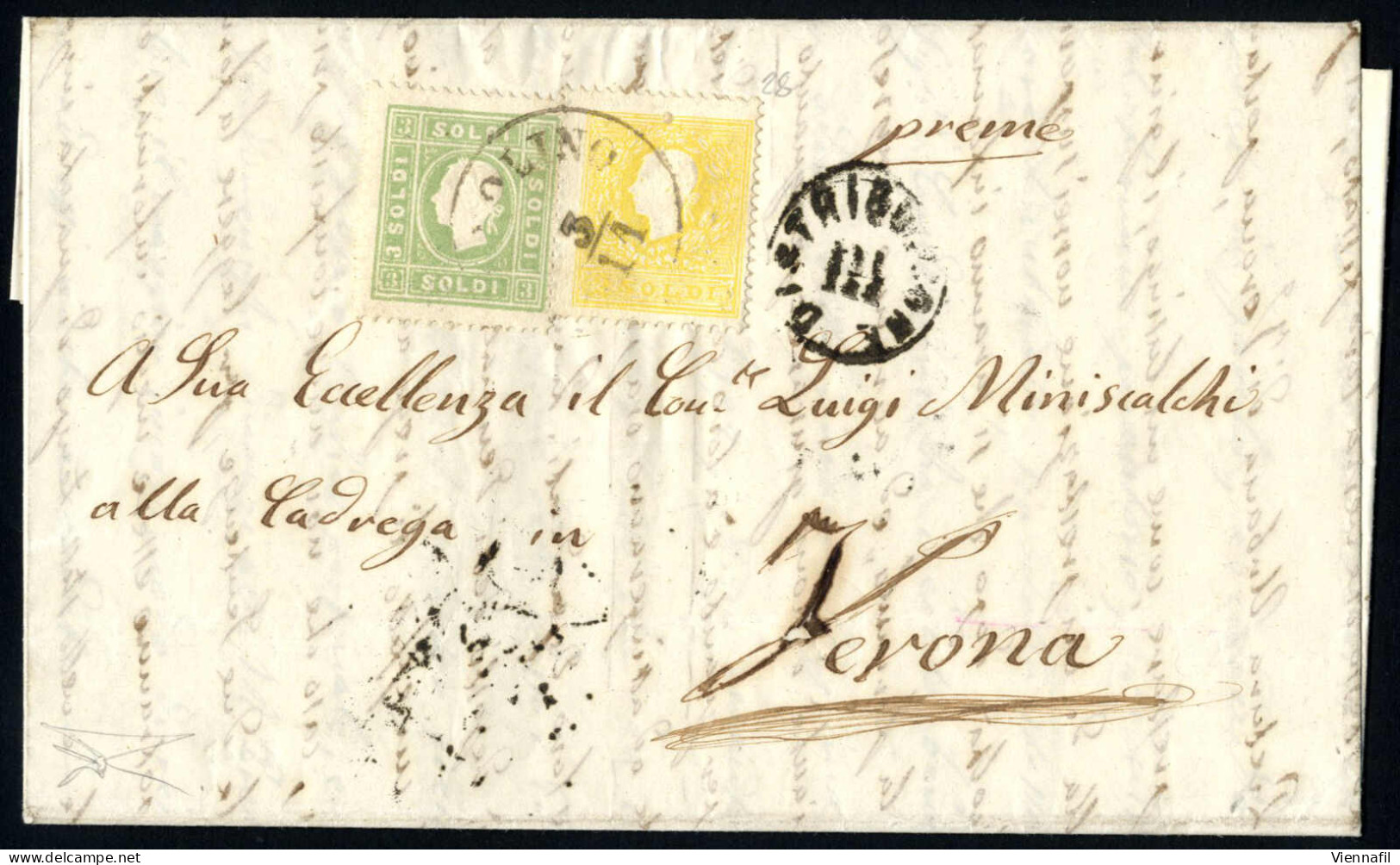 Cover 1863, 2 Soldi II° Tipo E 3 Soldi Su Lettera Spedita Da "BARDOLINO 3/11" (annullo C1) A Verona, Cert Bottacchi, Sas - Lombardo-Venetien