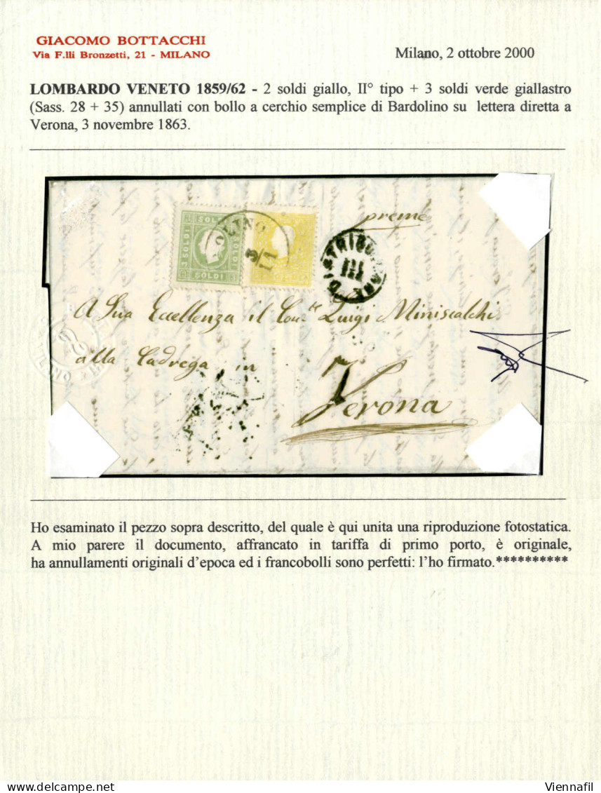 Cover 1863, 2 Soldi II° Tipo E 3 Soldi Su Lettera Spedita Da "BARDOLINO 3/11" (annullo C1) A Verona, Cert Bottacchi, Sas - Lombardo-Venetien