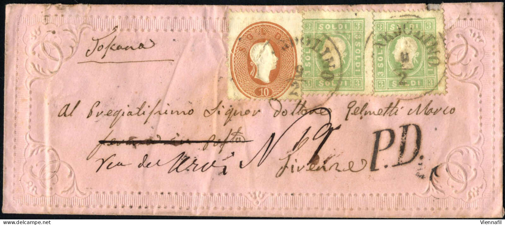 Cover 1863, Due Esemplari D I 3 Soldi E 10 Soldi Su Valentina Di Colore Rosa Spedita Da "BARDOLINO 6/2" (annullo C1) A F - Lombardo-Venetien