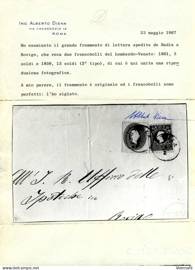 Cover 1861, 15 Soldi II° Tipo E 5 Soldi (1861) Su Parte D'involucro Di Plico Spedito Da "BADIA 4/1" (annullo C1) A Rovig - Lombardo-Veneto