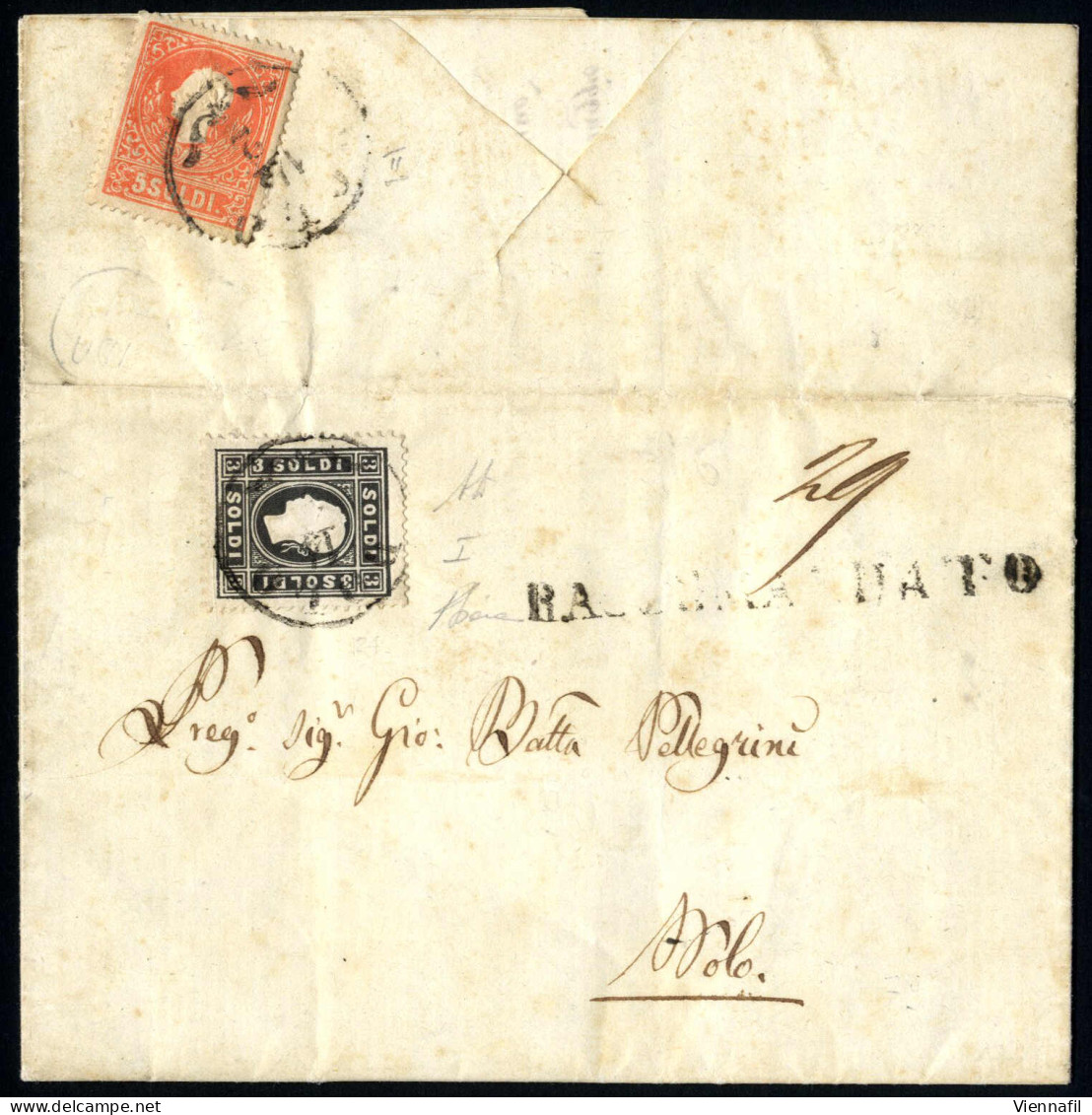 Cover 1861, 3 Soldi I° Tipo E 5 Soldi II° Tipo Al Verso Per La Raccomandazione Su Lettera Per Città "DOLO 14/2" (annullo - Lombardo-Veneto