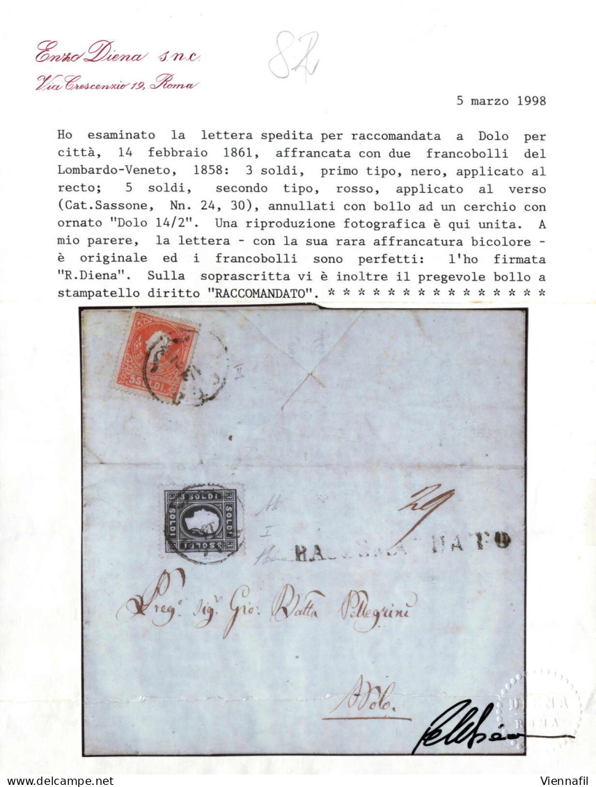 Cover 1861, 3 Soldi I° Tipo E 5 Soldi II° Tipo Al Verso Per La Raccomandazione Su Lettera Per Città "DOLO 14/2" (annullo - Lombardo-Veneto