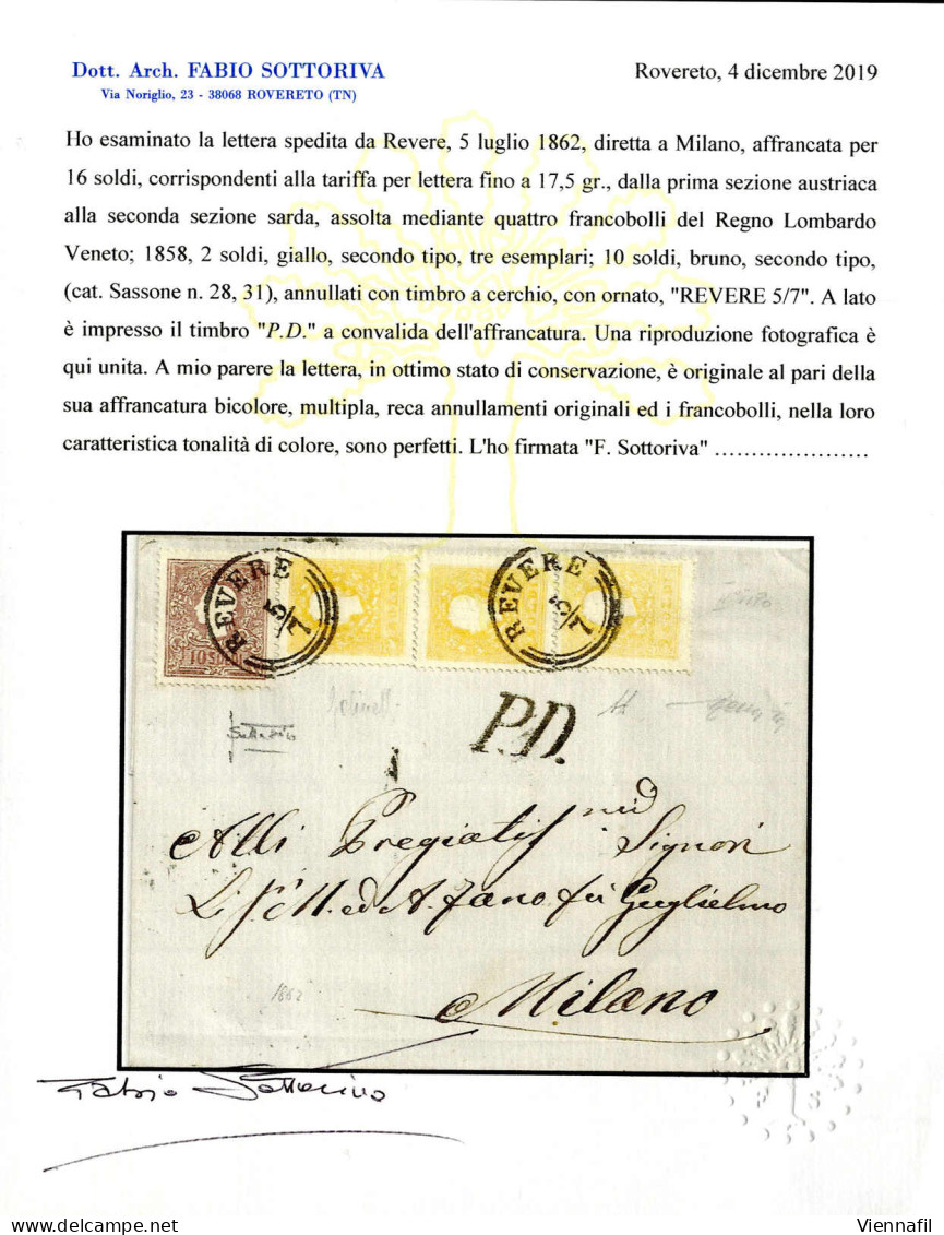 Cover 1859, Tre 2 Soldi Ed Un 10 Soldi II° Tipo Su Lettera Spedita Da "REVERE 5/7" (annullo CO) A Milano, Certificato So - Lombardo-Vénétie