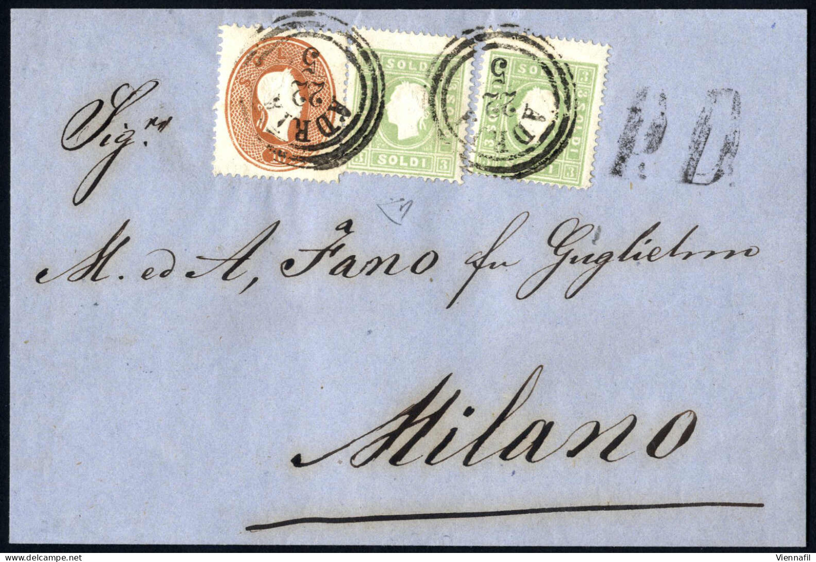 Cover 1862, Lettera Con Affrancatura Mista Di Due 3 Soldi Verdi E 10 Soldi Spedita Da "ADRIA 22/5" (annullo C3) A Milano - Lombardo-Vénétie