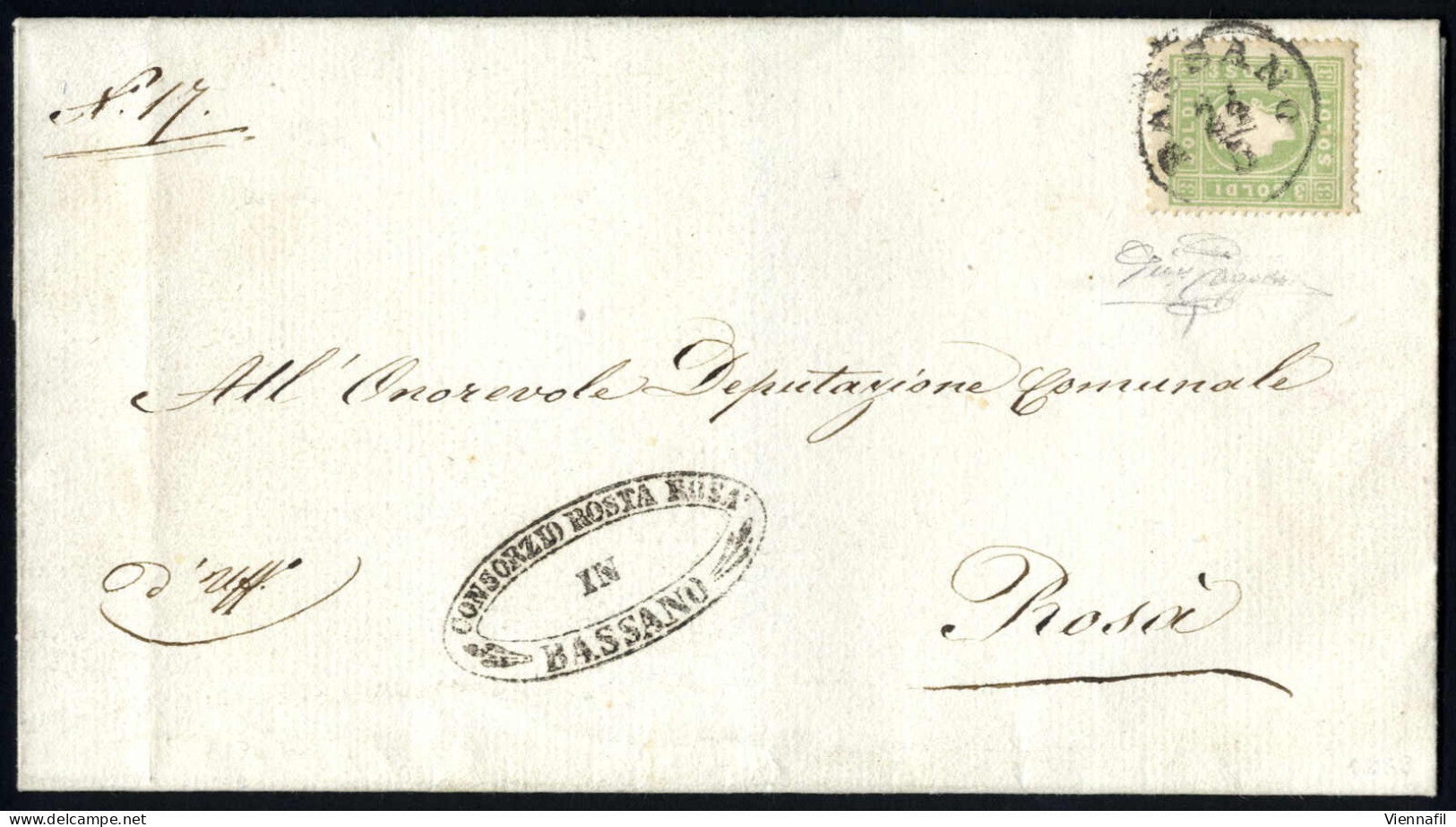 Cover 1863, 3 Soldi Su Lettera Per Il Distretto Postale Da "BASSANO 24/5" (annullo C1) A Rosà, Sass. 35 / P.1 - Lombardo-Veneto