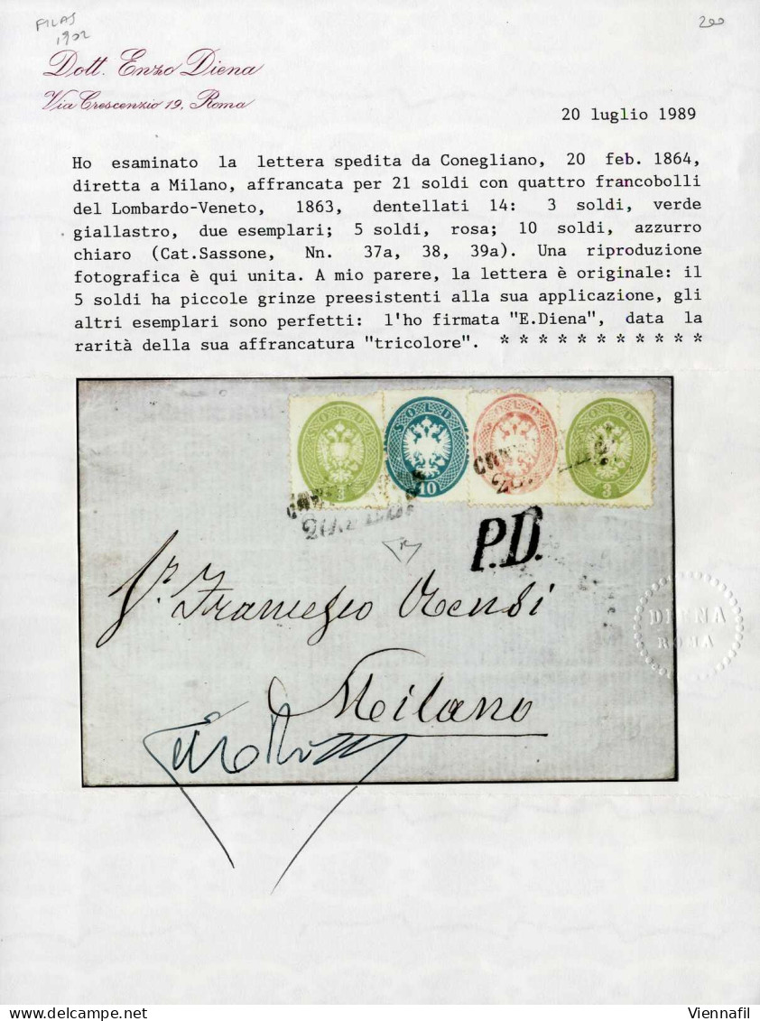 Cover 1863, Lettera Da Conegliano Del 20.2 Per Milano Con Affrancatura Tricolore Due 3 S Verde Giallastro, 5 S Rosa E 10 - Lombardije-Venetië