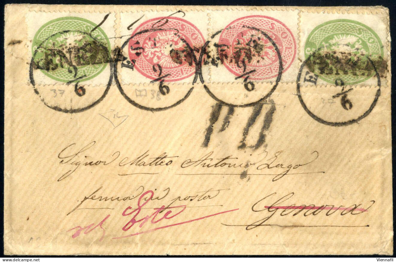 Cover 1863, Due 3 Soldi E Due 5 Soldi Su Lettera Spedita Da "Este 9/6" (annullo C1) A Genova E Rispedita Per Venezia (An - Lombardije-Venetië