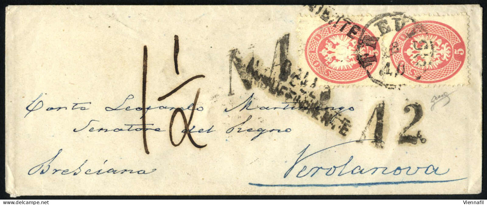 Cover 1863, Lettera Affrancata Con Due 5 Soldi Spedita Da Treviso 18/10 A Verolanova Con I Bolli Accessori "BOLLO INSUFF - Lombardy-Venetia