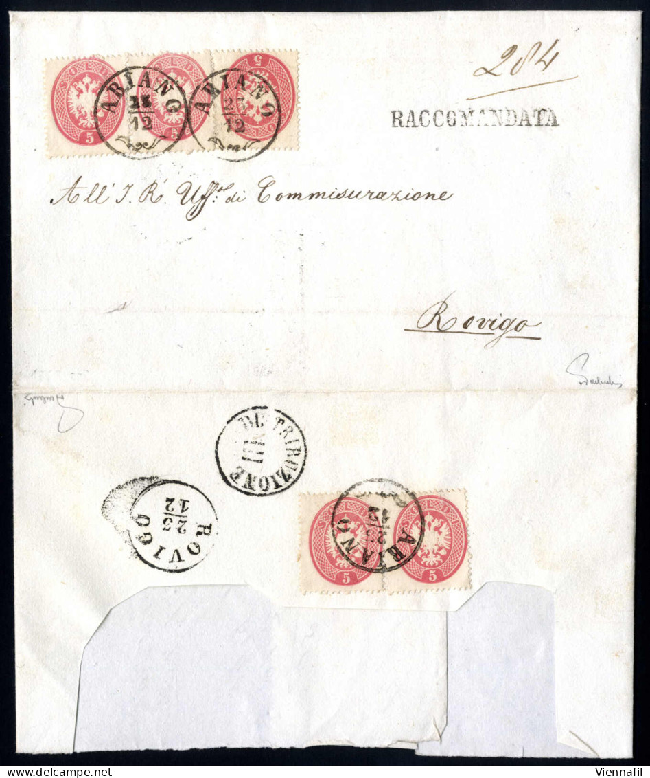 Cover 1864, Raccomandata Con Cinque Esemplari Del 5 Soldi, Di Cui Due Sul Vero Per La Raccomandazione Spedita Da "ARIANO - Lombardo-Veneto