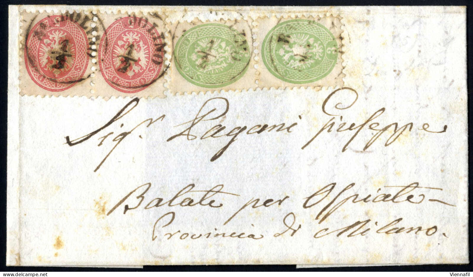 Cover 1863, Due Esemplari Di 3 Soldi E Due Di 5 Soldi Su Gran Parte Di Lettera Spedita Da "BARDOLINO 1/2" (annullo C1) I - Lombardije-Venetië