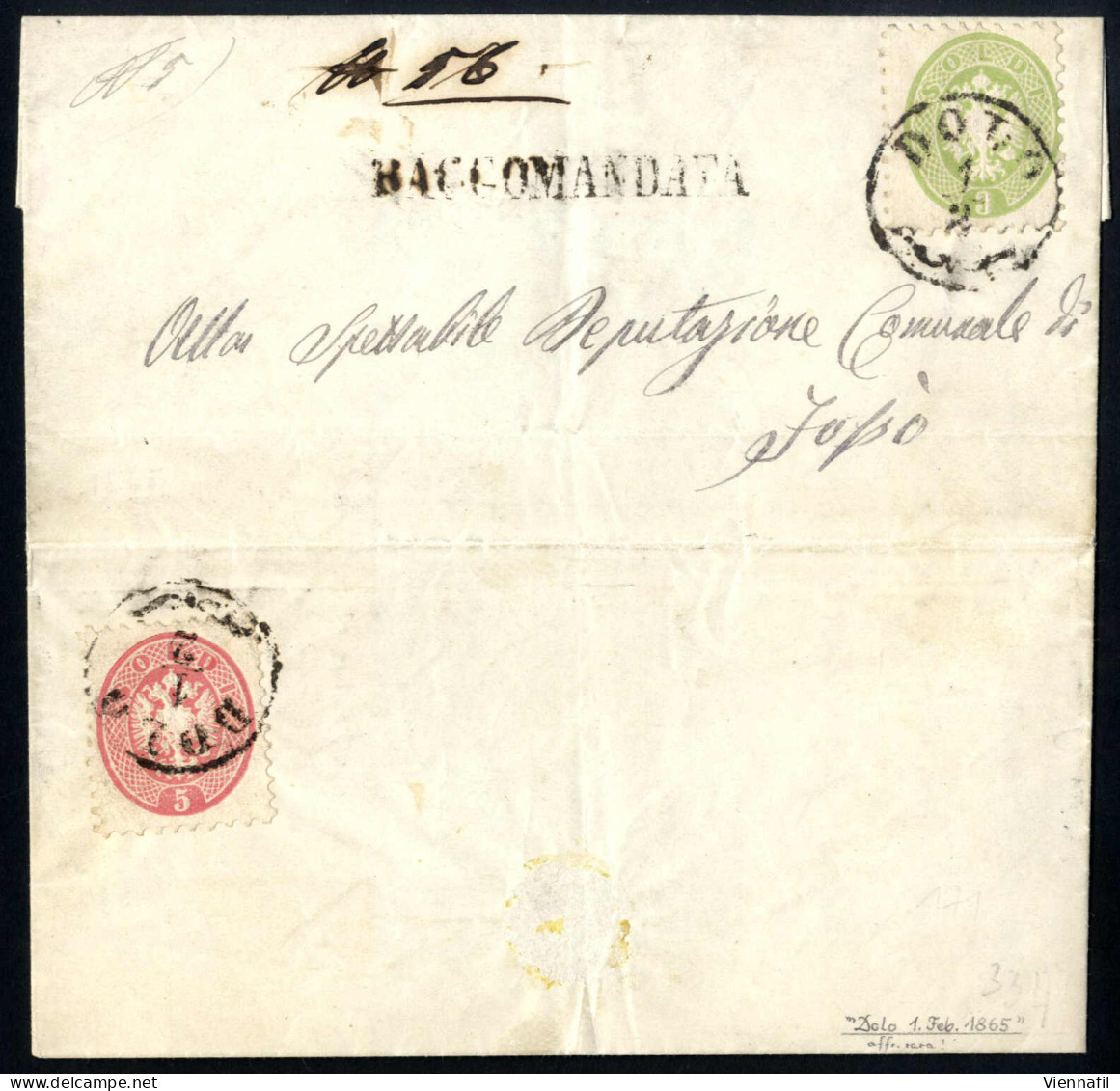 Cover 1864, 3 Soldi E 5 Soldi Al Verso Per La Raccomandazione Su Lettera Per Il Distretto Da "DOLO 1/2" (annullo CO), Sa - Lombardo-Vénétie