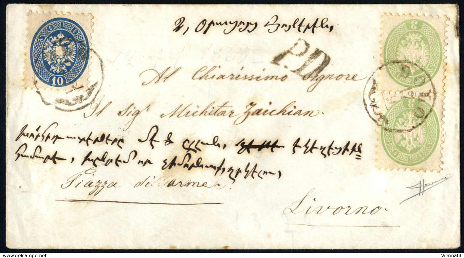 Cover 1865, Coppia Verticale 3 Soldi E 10 Soldi Su Lettera Da "DOLO 17/9" (annullo CO) A Livorno, Indirizzo Scritto Anch - Lombardo-Vénétie