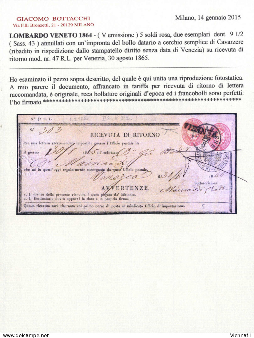 Cover 1864, Ricevuta Di Ritorno Affrancata Con Due 5 Soldi Spedita Da "CAVARZERE 30/8" A Venezia E Lì Riannullata Con An - Lombardo-Veneto