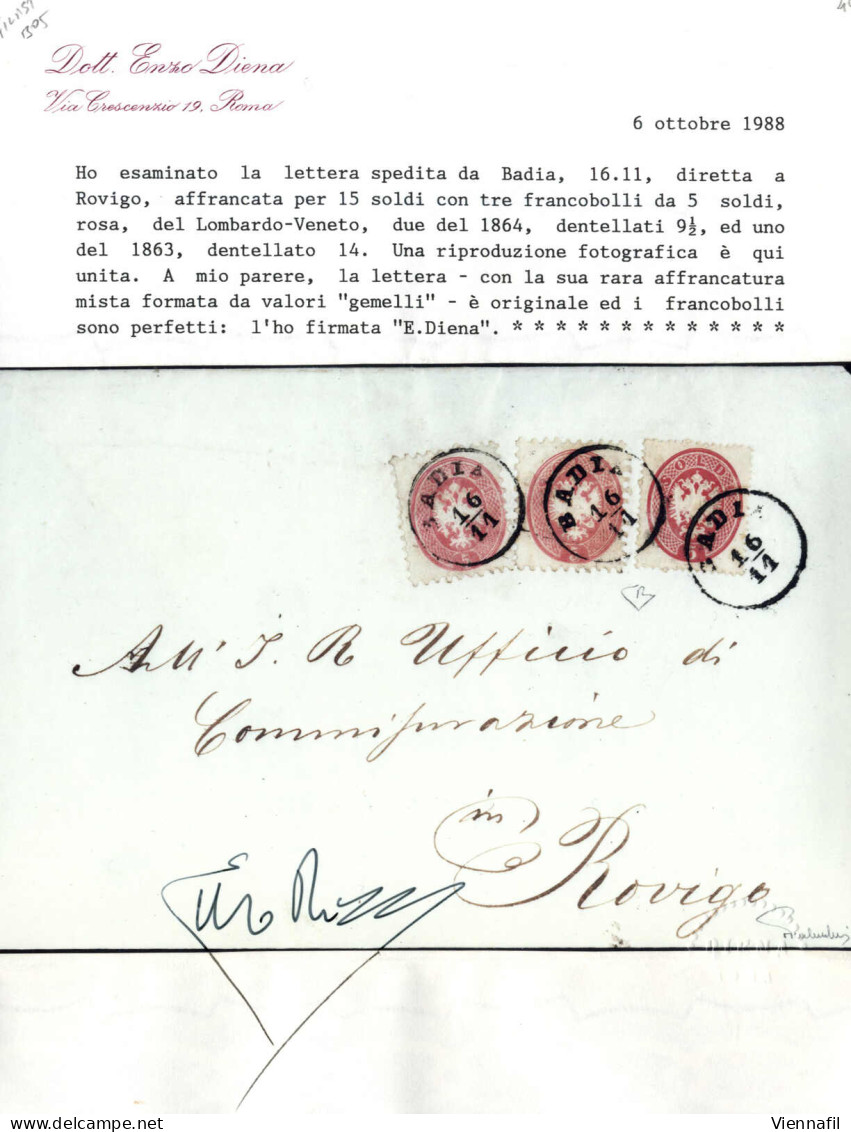 Cover 1865, Affrancatura Mista Di 5 Soldi (1863) E Due Valori 5 Soldi (1864) Su Lettera Spedita Da "BADIA 16/11" (annull - Lombardy-Venetia