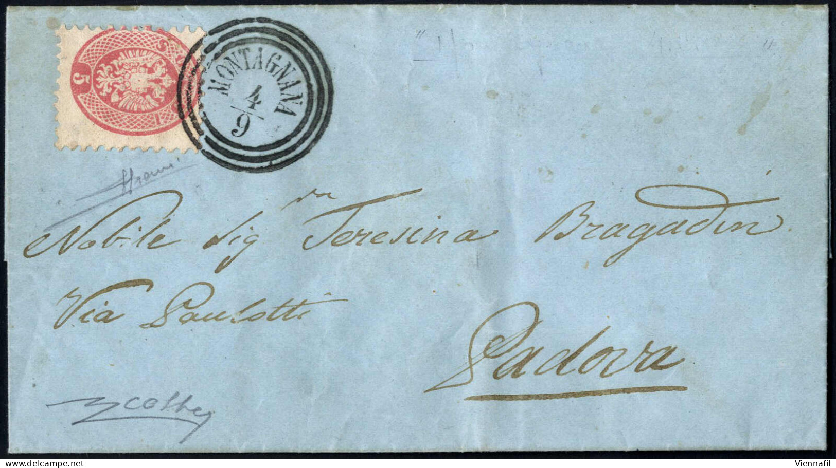 Cover 1866, Lettera Affrancata Con 5 Soldi Spedita Da "MONTAGNANA 4/9" (annullo C3) A Padova Durante La III Guerra D'Ind - Lombardo-Veneto