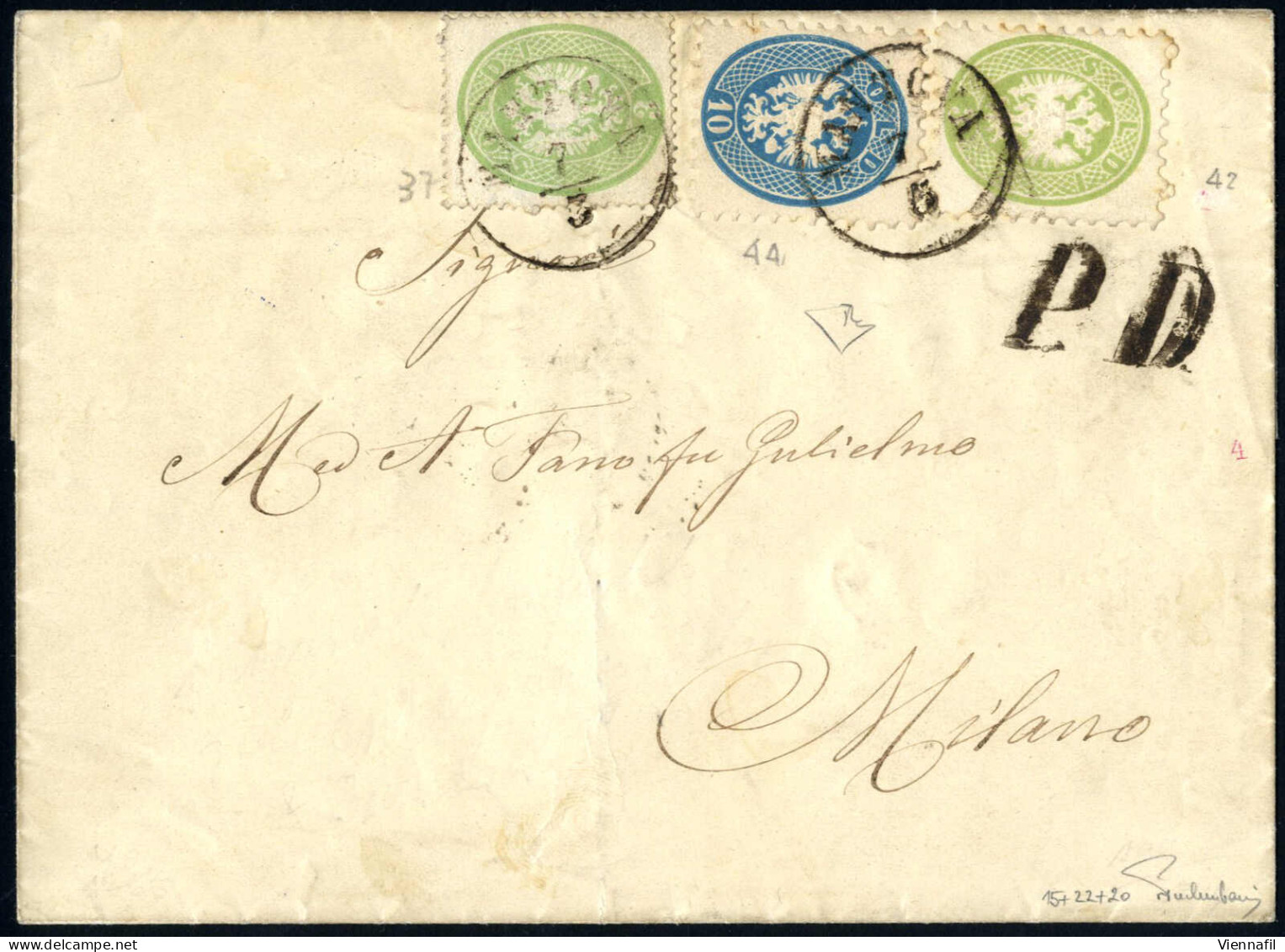 Cover 1865, Affrancatura Mista 3 Soldi (1863) E 3 Soldi (1864) E 10 Soldi Su Lettera Spedita Da "MANTOVA 7/6" (annullo C - Lombardije-Venetië