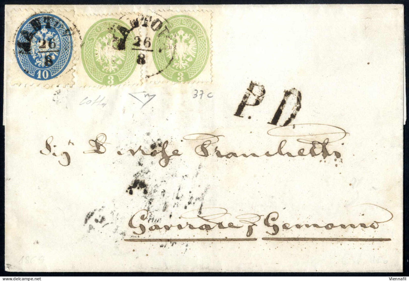 Cover 1865, Due 3 Soldi (1863) Ambedue Con 17 Denti Invece Dei 18 E 10 Soldi Su Lettera Spedita Da "MANTOVA 26/8" (annul - Lombardo-Veneto