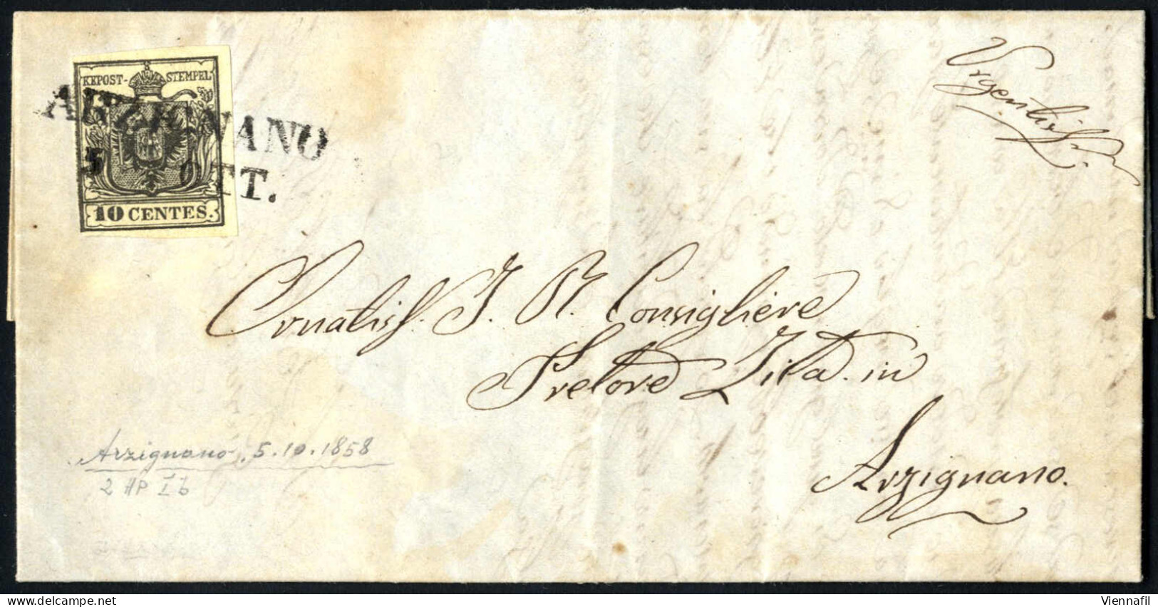 Cover 1865, Ricevuta Di Ritorno Con 10 Soldi Spedita Da "ARZIGNANO 12 MAG (annullo SD), Firmata Sorani E Raybaudi, Sass. - Lombardo-Vénétie