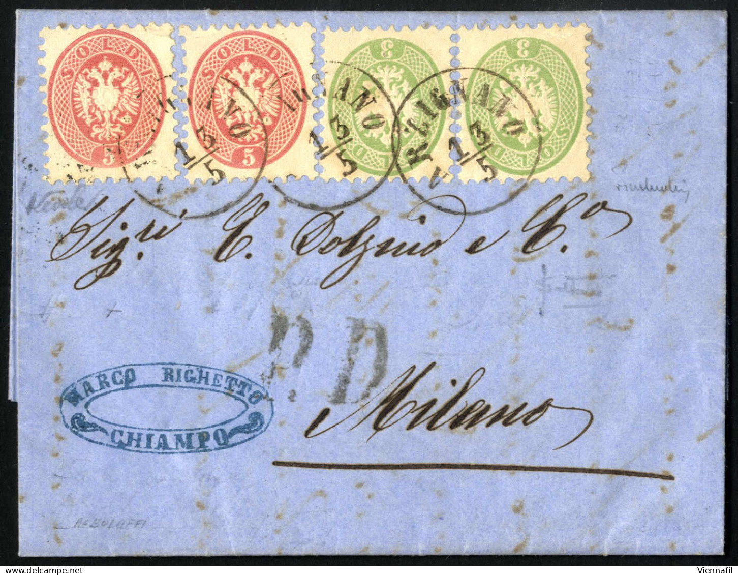 Cover 1866, Lettera Affrancata Con Due 5 Soldi (piccola Piega Angolare) E Due 3 Soldi Spedita Da "ARZIGNANO 13/5" (annul - Lombardo-Veneto