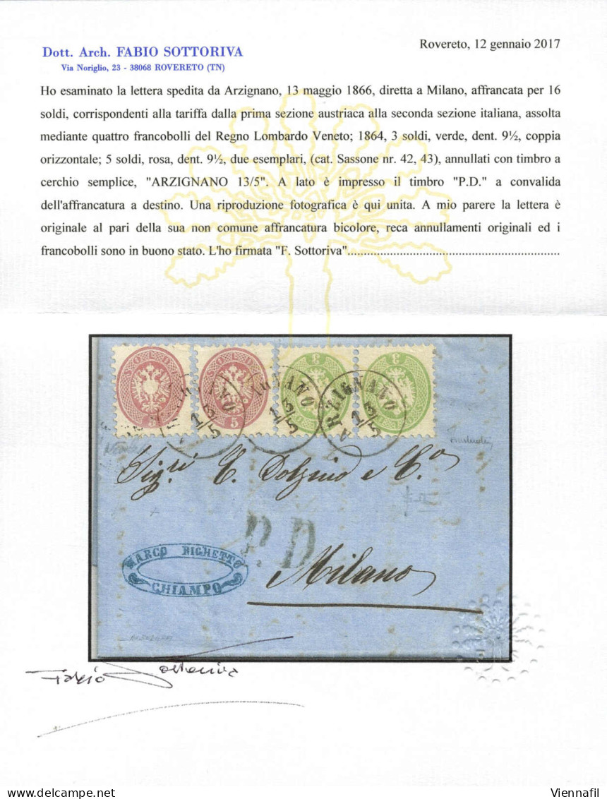 Cover 1866, Lettera Affrancata Con Due 5 Soldi (piccola Piega Angolare) E Due 3 Soldi Spedita Da "ARZIGNANO 13/5" (annul - Lombardo-Veneto