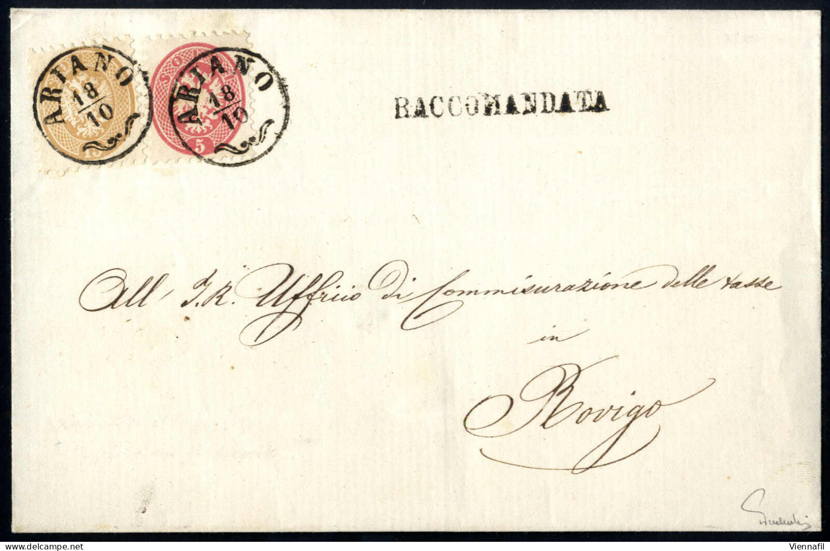 Cover 1864, Raccomandata Con 5 Soldi E 15 Soldi Spedita Da "ARIANO 18/10" (annullo CO) A Rovigo, Lusso, Rara Combinazion - Lombardy-Venetia