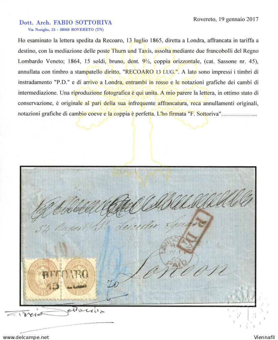 Cover 1865, Due 15 Soldi Su Lettera Per L'estero Spedita Da "RECOARO 22 LUG" (annullo SD) A Londra, Nome Dell'indirizzo  - Lombardo-Vénétie