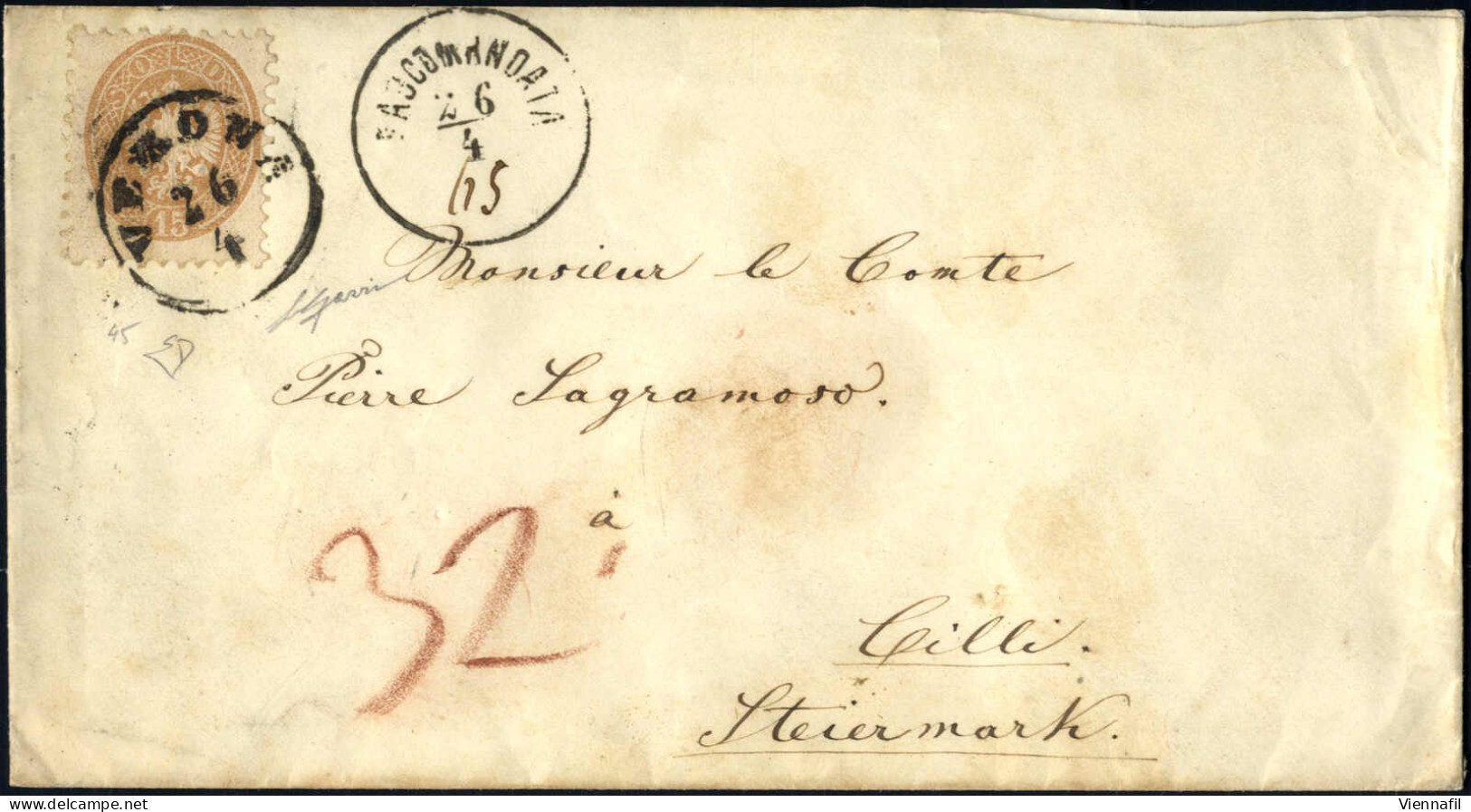 Cover 1865, Lettera Raccomandata Da Verona Del 26.4 Per Cilli (Austria) Affrancata Con 15 S. Bruno Dent. 9½, Raccomandat - Lombardije-Venetië