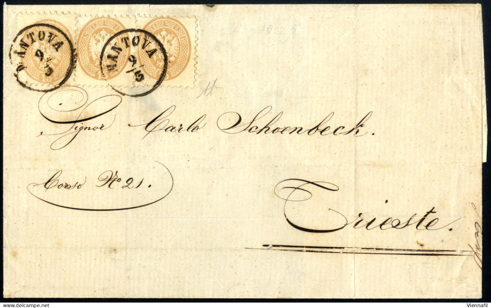 Cover 1865, Tre 15 Soldi Su Lettera Spedita Da "MANTOVA 9/3" (annullo C1) A Trieste, Rara, Sass. 45 - Lombardy-Venetia