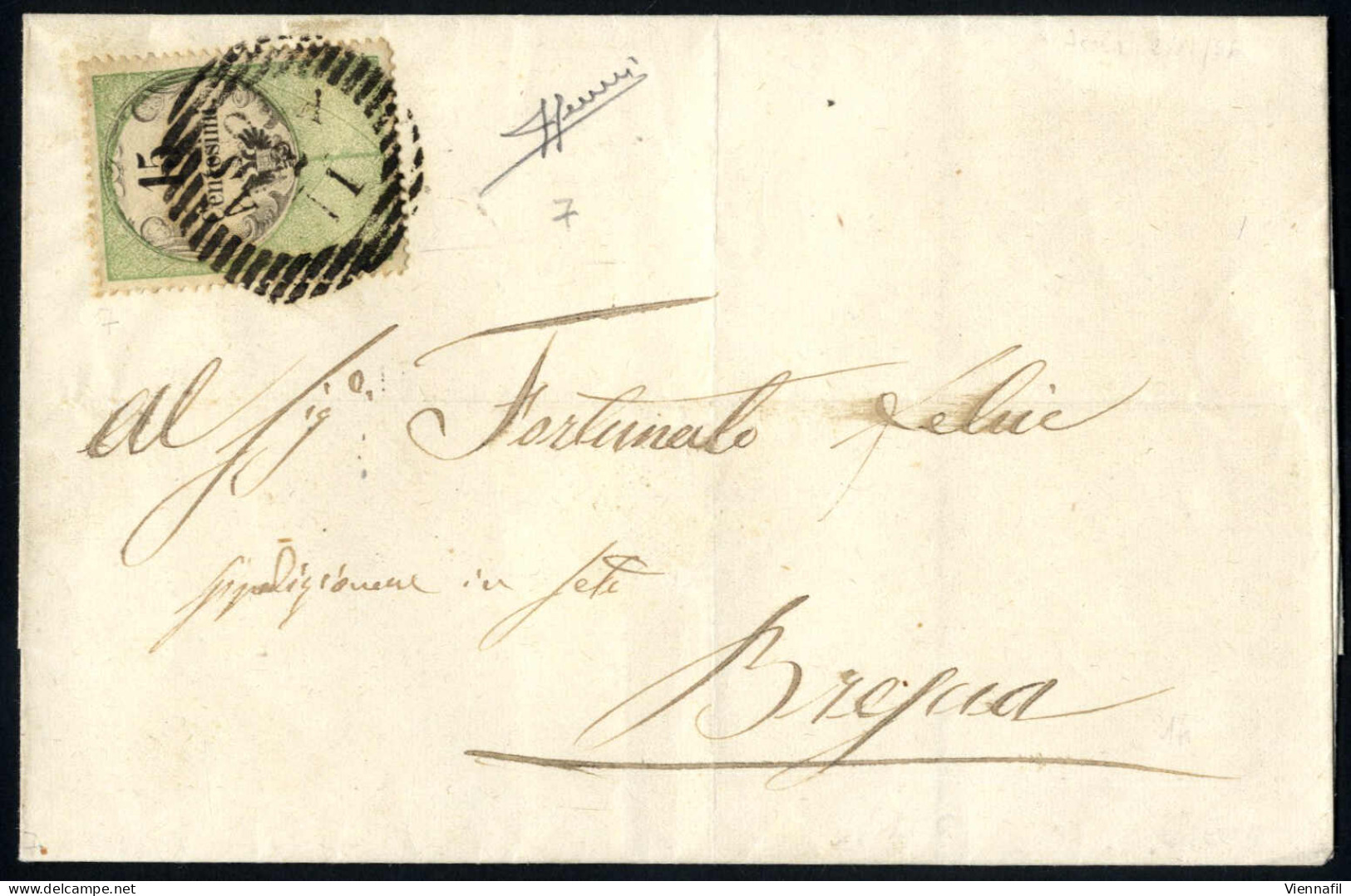 Cover 1854, 15 Cent. Marca Da Bollo, Stampa Calcografica, Su Lettera Spedita Da "ASOLA 2/11" (annullo LO) A Brescia, Sas - Lombardije-Venetië