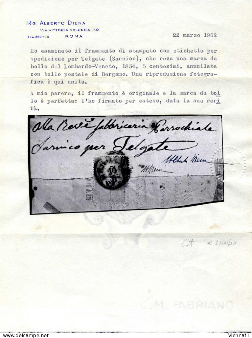 Cover 1854, 5 Cent. Marca Da Bollo, Stampa Tipografica, Su Gran Parte Di Fascetta Per Stampe Da "BERGAMO 25/6" (annullo  - Lombardo-Vénétie