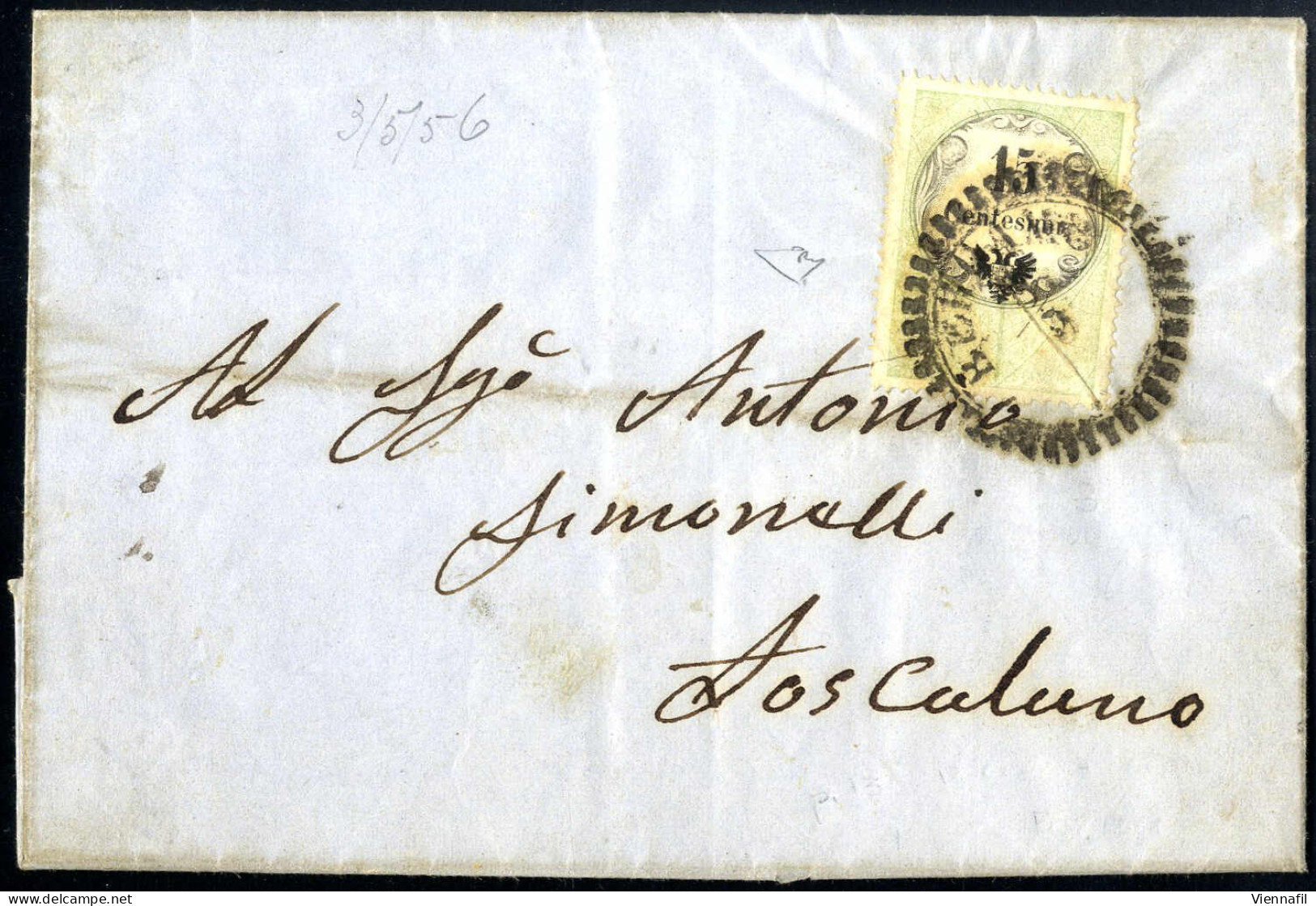 Cover 1854, 15 Cent. Marca Da Bollo, Stampa Tipografica, Su Lettera Da "BERGAMO 3/5" (annullo D) A Toscolano, Sass. 3 /  - Lombardo-Vénétie