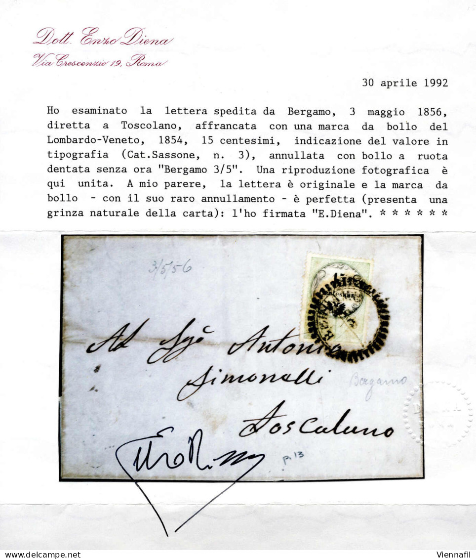Cover 1854, 15 Cent. Marca Da Bollo, Stampa Tipografica, Su Lettera Da "BERGAMO 3/5" (annullo D) A Toscolano, Sass. 3 /  - Lombardo-Vénétie