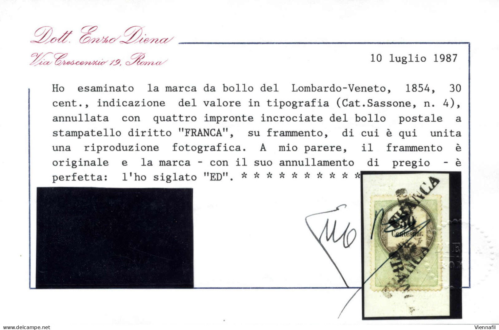 Piece 1854, 30 Cent. Marca Da Bollo, Stampa Tipografica, Certificato E.Diena, Sass. 4 / P.R3 - Lombardije-Venetië