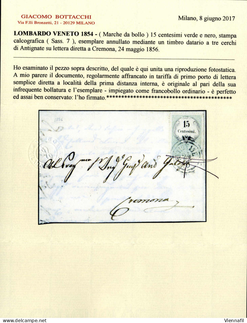 Cover 1854, 15 Cent Marca Da Bollo, Stampa Calcografica, Su Lettera Spedita Da "ANTIGNATE 24/5" (annullo C3) A Cremona,  - Lombardo-Vénétie