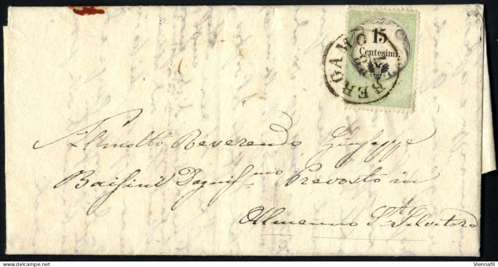 Cover 1854, 15 Cent. Marca Da Bollo, Stampa Calcografica, Su Lettera Da "BERGAMO 28/7" (annullo C1 Cifre Grandi) A Alema - Lombardy-Venetia