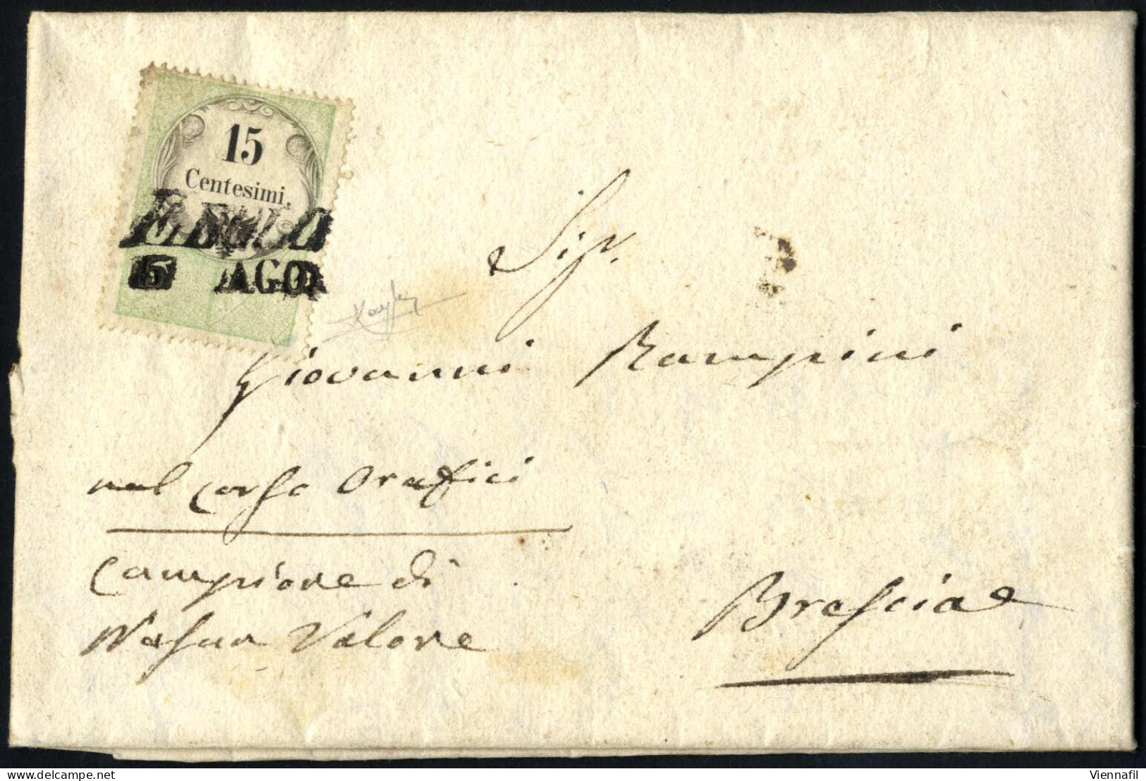 Cover 1854, 15 Cent. Marca Da Bollo, Stampa Calcografica, Su Lettera Da "EDOLO 6 AGO" (annullo SI Lg) A Brescia, Sass. 7 - Lombardo-Vénétie