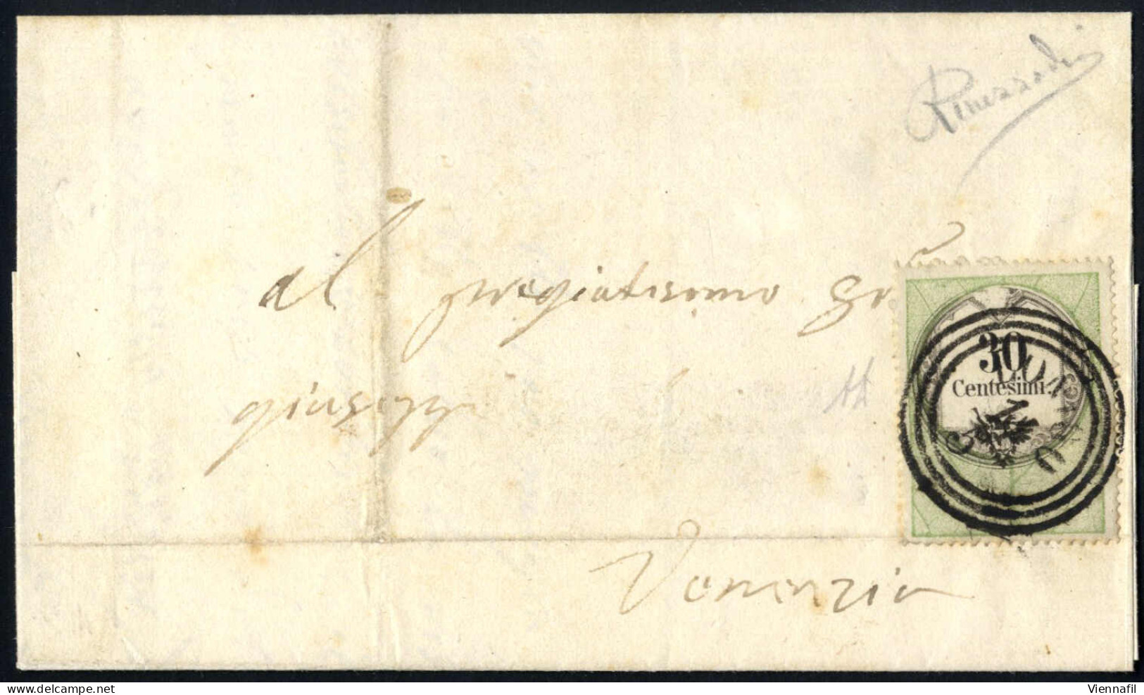 Cover 1854, 30 Cent. Marca Da Bollo, Stampa Calcografica, Su Lettera Da "LONIGO 14/5" (annullo C3) A Venezia, Sass. 8 /  - Lombardy-Venetia