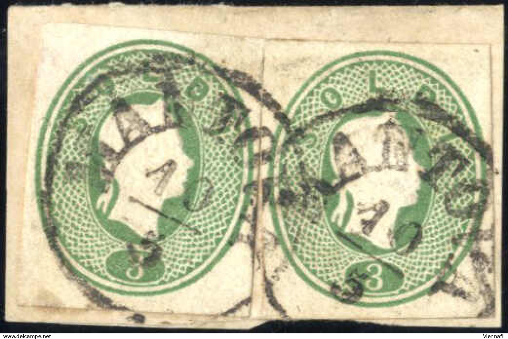 Piece 1861, Frammento Con Due 3 Soldi Ritagli Da Interi Postali Usato A "MANTOVA 10 /5" (bollo C1), Combinazione Molto R - Lombardy-Venetia