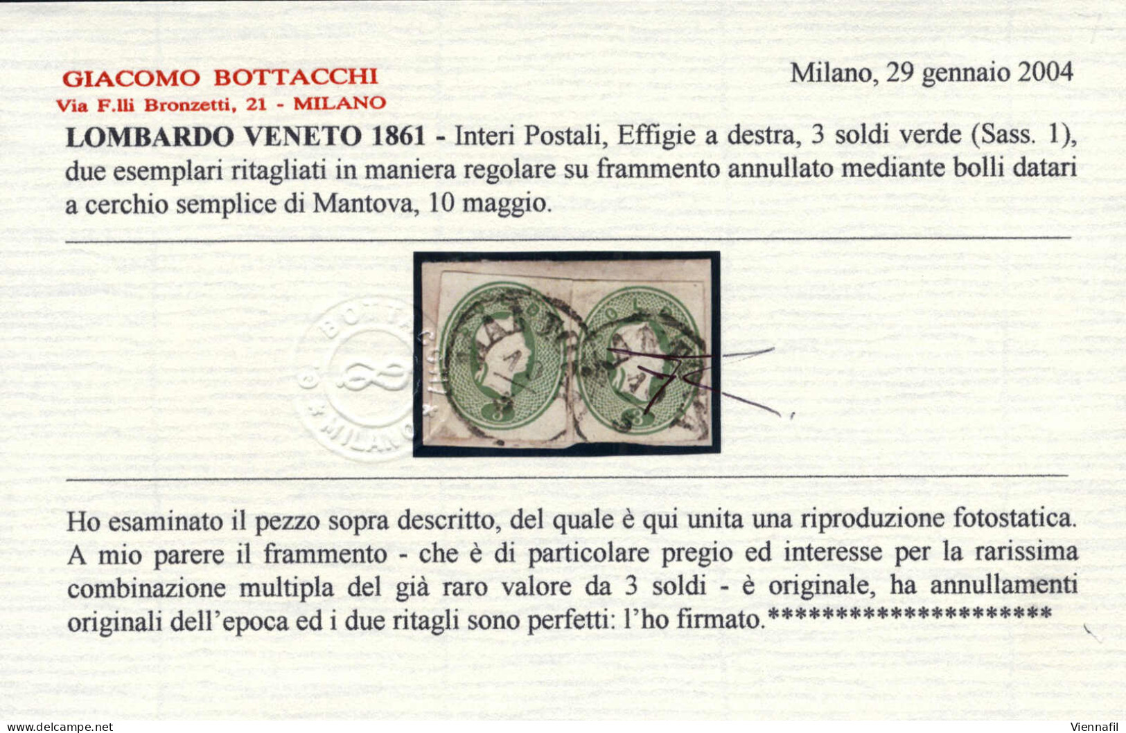 Piece 1861, Frammento Con Due 3 Soldi Ritagli Da Interi Postali Usato A "MANTOVA 10 /5" (bollo C1), Combinazione Molto R - Lombardije-Venetië