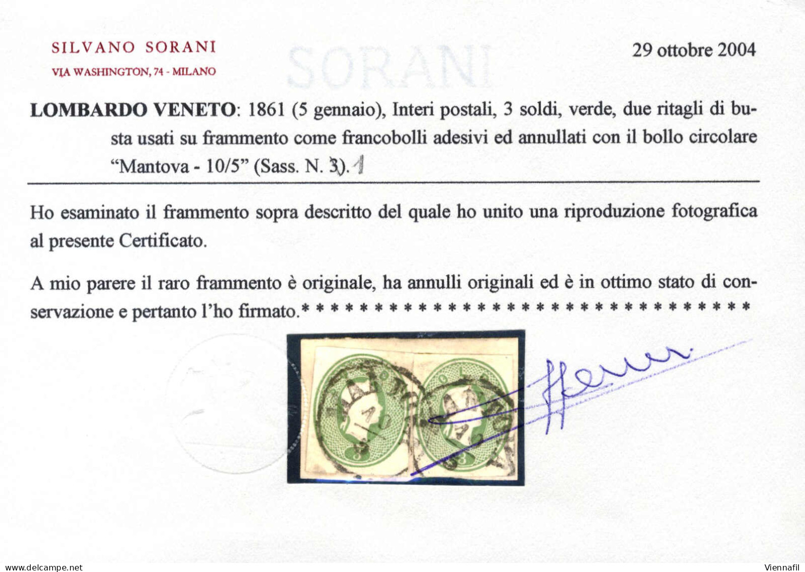 Piece 1861, Frammento Con Due 3 Soldi Ritagli Da Interi Postali Usato A "MANTOVA 10 /5" (bollo C1), Combinazione Molto R - Lombardije-Venetië