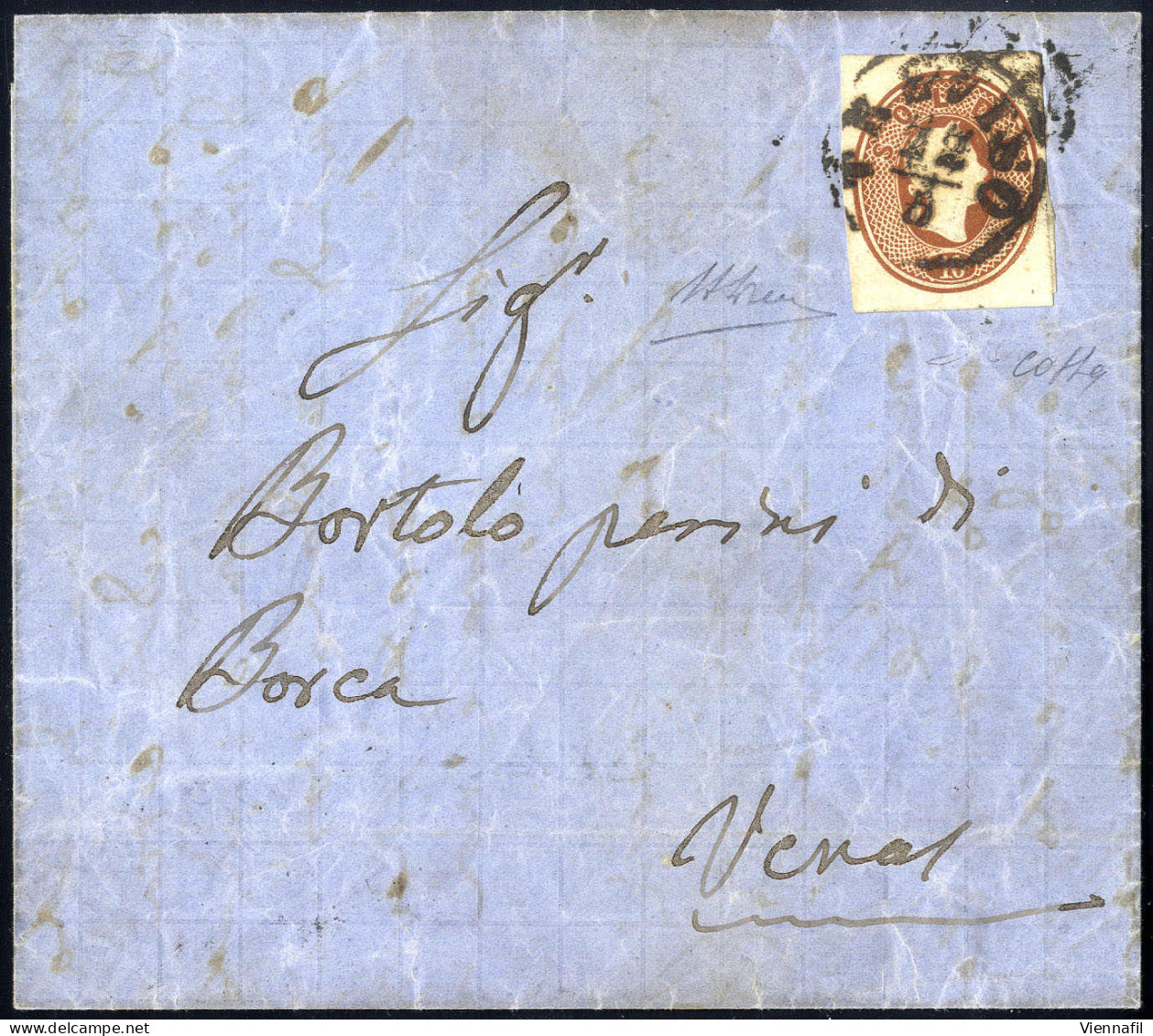 Cover 1861, "Ritaglio Di Intero Postale", 10 Soldi Bruno Rosso Su Lettera Da Treviso 22.5.1864 Per Borca, Splendida E Ra - Lombardo-Vénétie