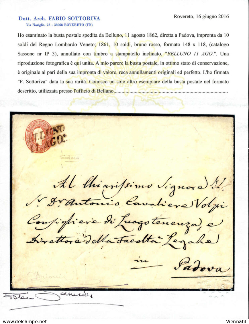 Cover 1861, Intero Postale Da 10 Soldi (148x118mm) Spedita Da "BELLUNO 11 AGO" (annullo SI) A Padova, Due Interi Noti Us - Lombardo-Vénétie