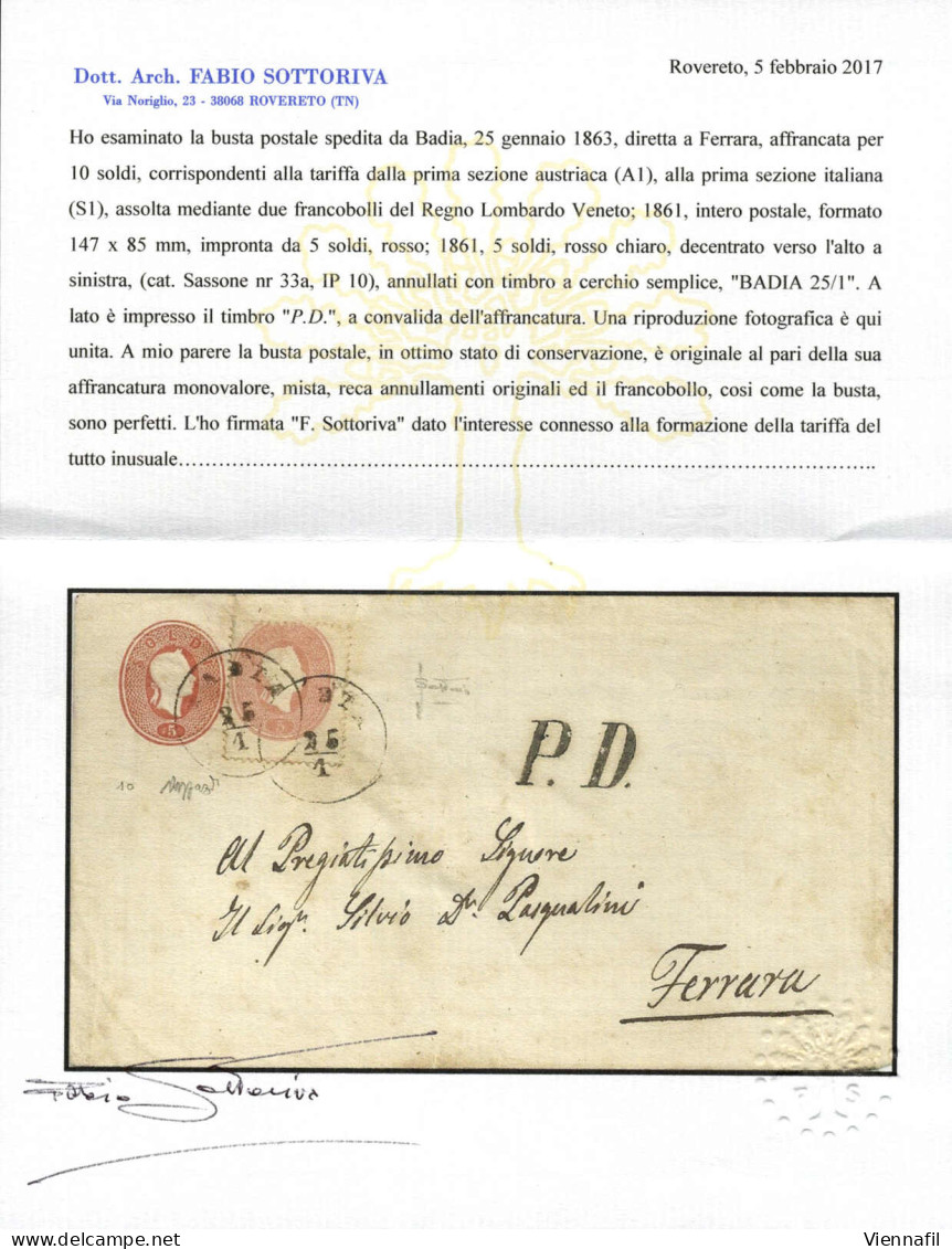Cover 1861, Intero Postale Da 5 Soldi (147x85mm) Con Affrancatura Aggiuntiva 5 Soldi Spedita Da "BADIA 25/1" (annullo C1 - Lombardo-Veneto