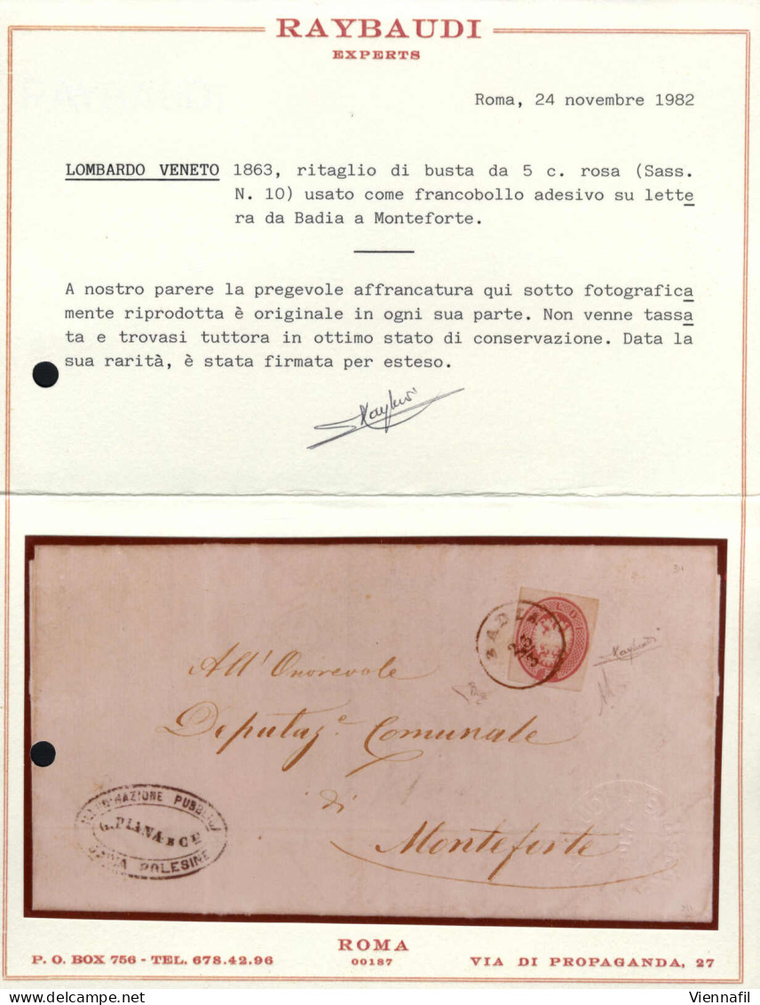 Cover 1863, Ritaglio Di Intero Postale Da 5 Soldi Su Lettera Spedita Da "BADIA 23/3" (annullo C1) A Monteforte, Cert. E. - Lombardije-Venetië