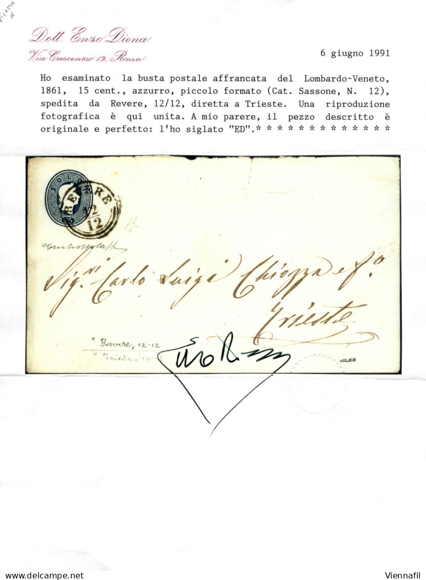 Cover 1861, Intero Postale Da 15 Soldi (147x85mm) Spedito Da "REVERE 12/12" (annullo CO) A Trieste, Certificato E.Diena, - Lombardo-Venetien