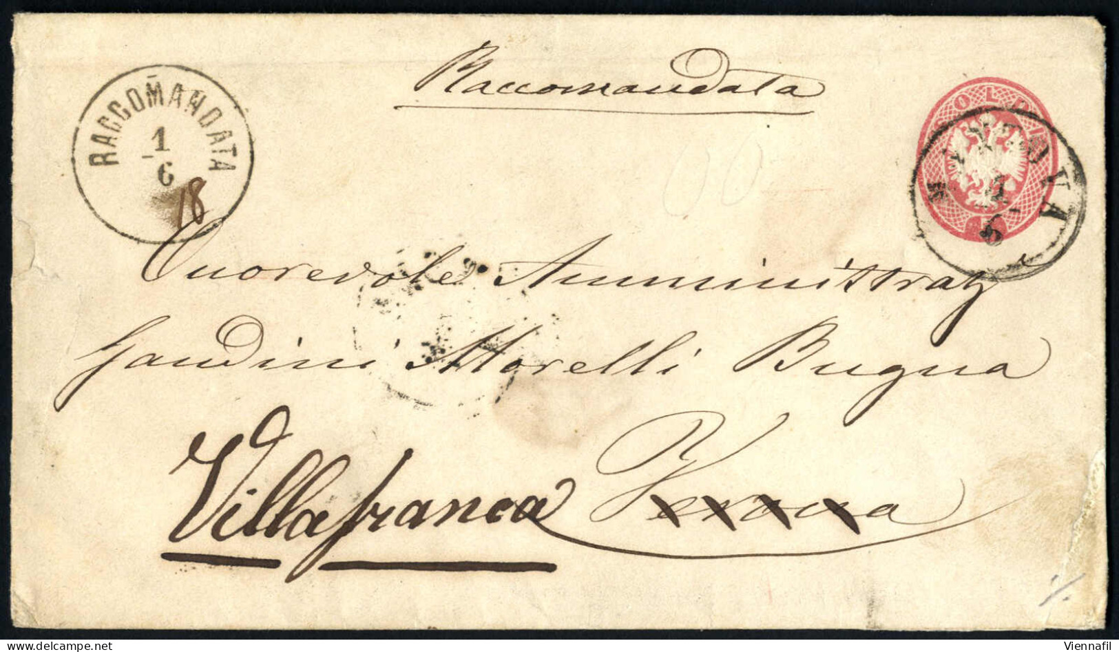 Cover 1863, Intero Postale Da 5 Soldi (147x84mm) Con Affrancatura Aggiuntiva Al Verso Di Due 5 Soldi (1864) Per La Racco - Lombardo-Vénétie